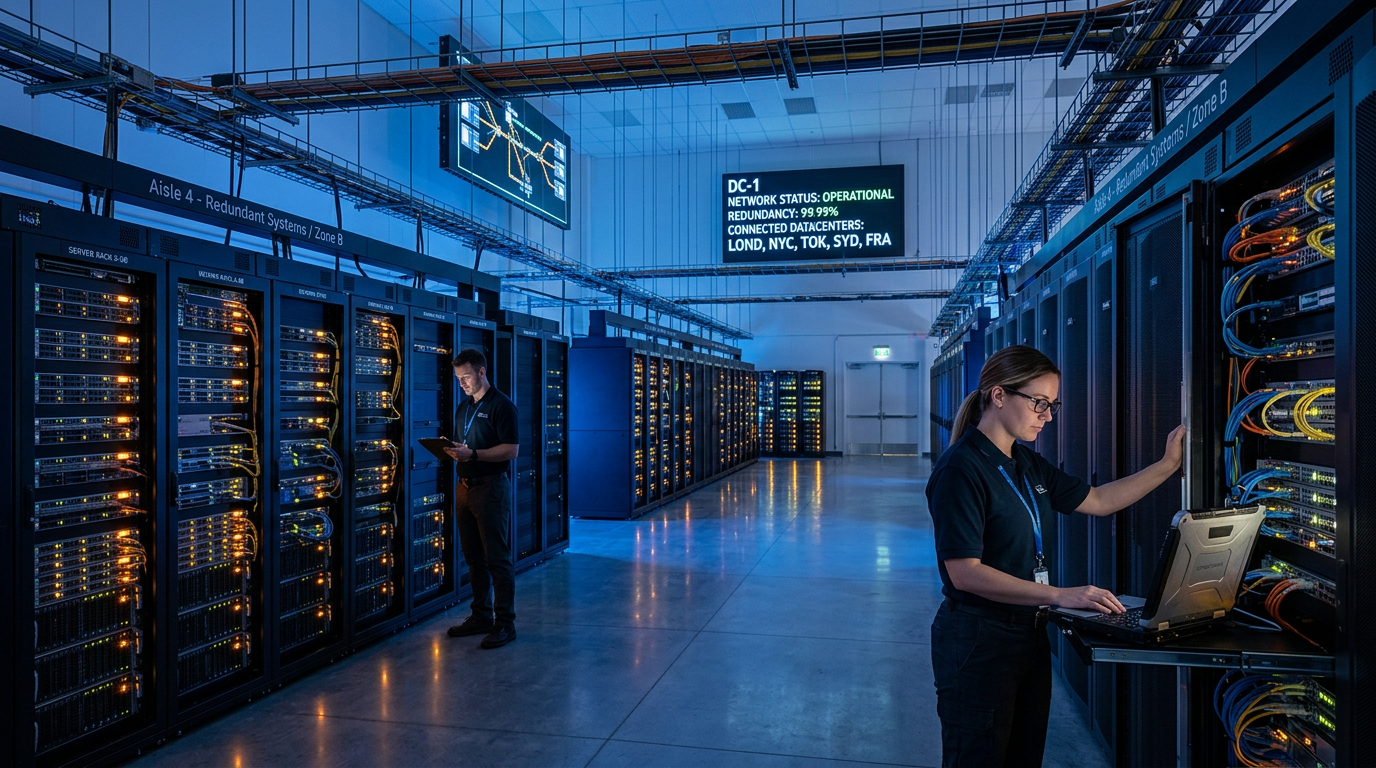 La infraestructura digital hace que las empresas de medios sean más resilientes Technicians inspect server racks beneath a display reading DC-1 network status operational.